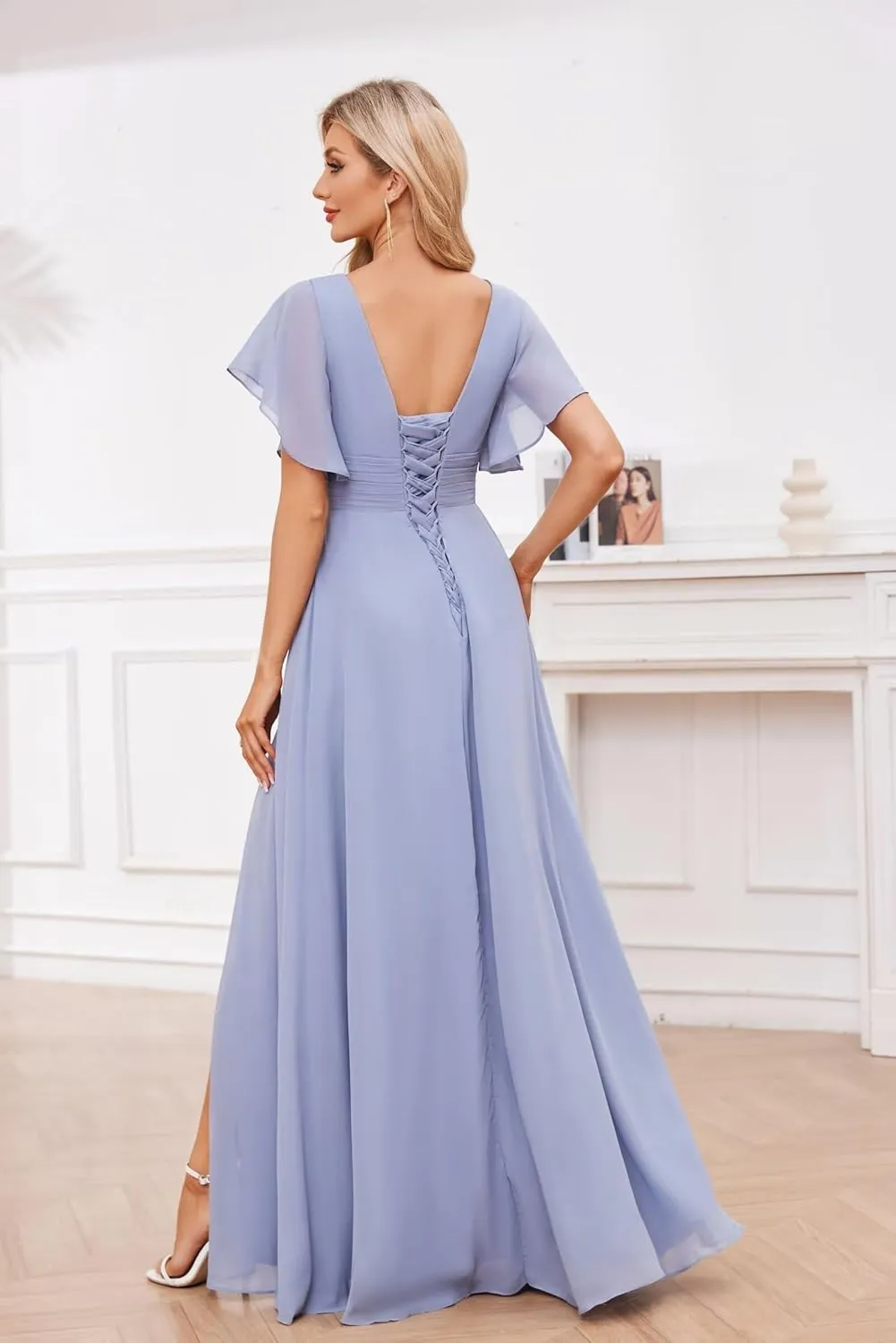 GUKARLEED Womens Chiffon Bridesmaid Dresses for Wedding Guest Long Formal Dress with Pockets Wrap Ruffle V Neck Evening Gown