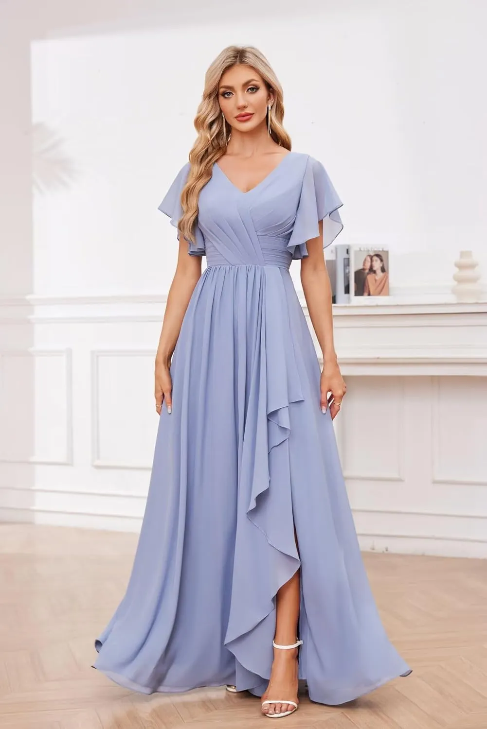 GUKARLEED Womens Chiffon Bridesmaid Dresses for Wedding Guest Long Formal Dress with Pockets Wrap Ruffle V Neck Evening Gown