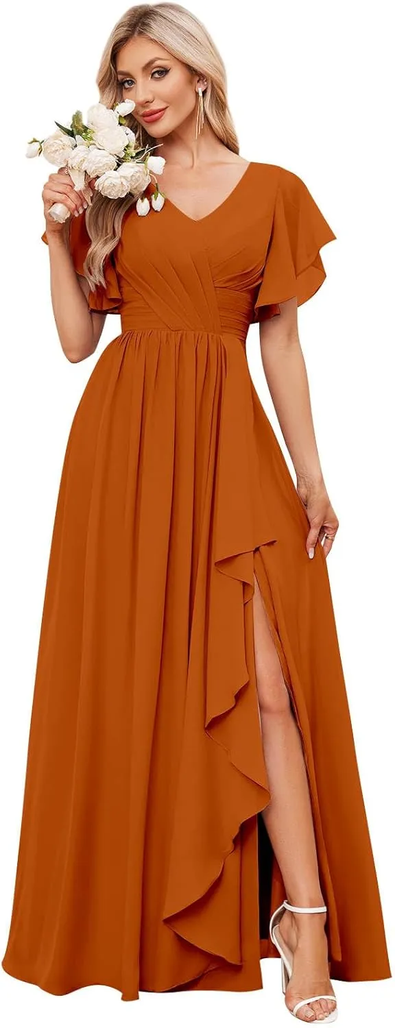 GUKARLEED Womens Chiffon Bridesmaid Dresses for Wedding Guest Long Formal Dress with Pockets Wrap Ruffle V Neck Evening Gown