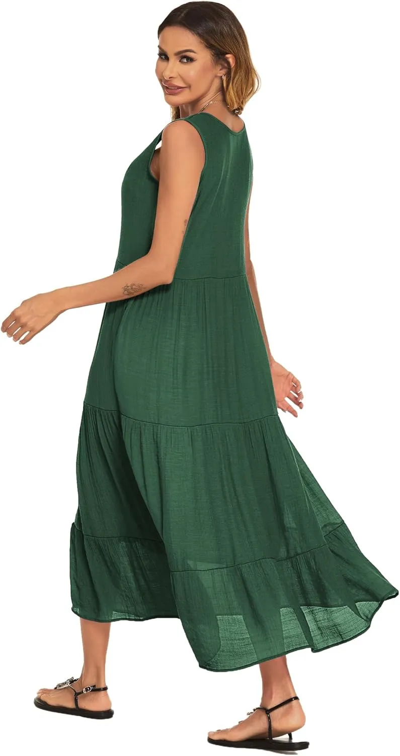 Halife Women's Summer Casual Maxi Dresses Flowy Ruffle Boho Long Dresses with Pockets