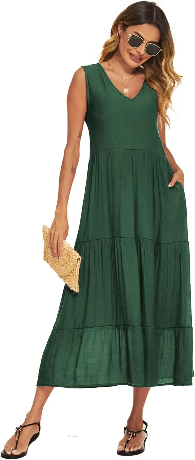 Halife Women's Summer Casual Maxi Dresses Flowy Ruffle Boho Long Dresses with Pockets