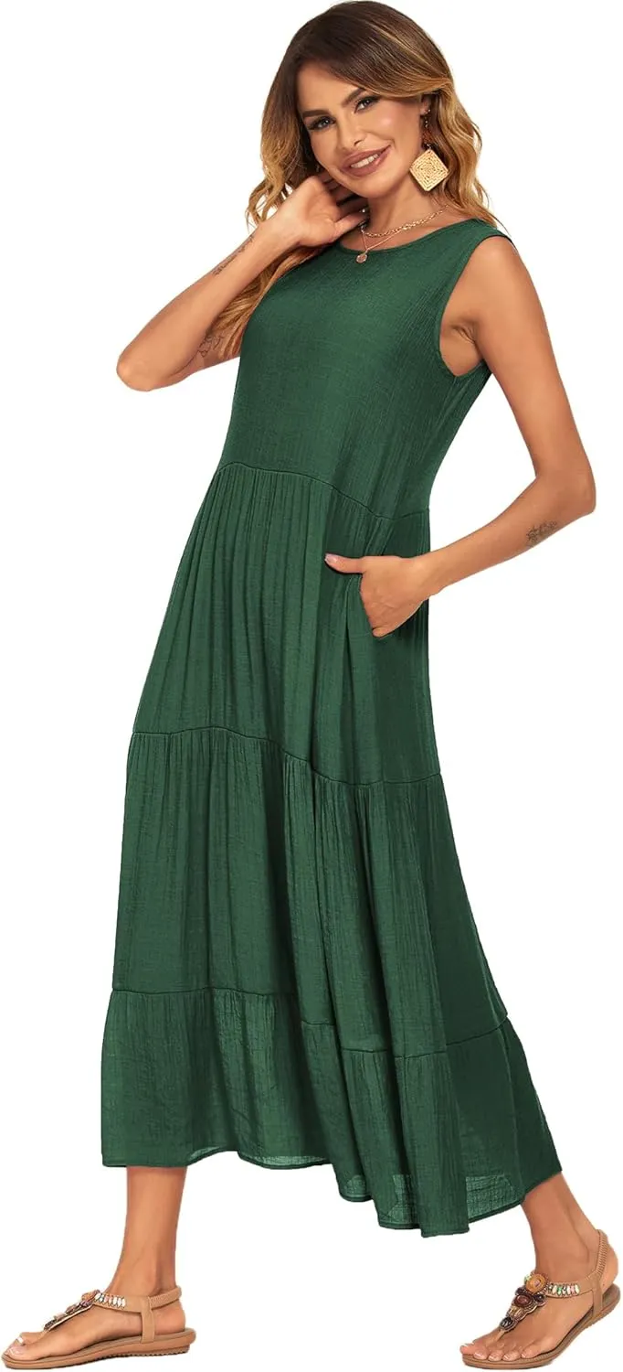 Halife Women's Summer Casual Maxi Dresses Flowy Ruffle Boho Long Dresses with Pockets