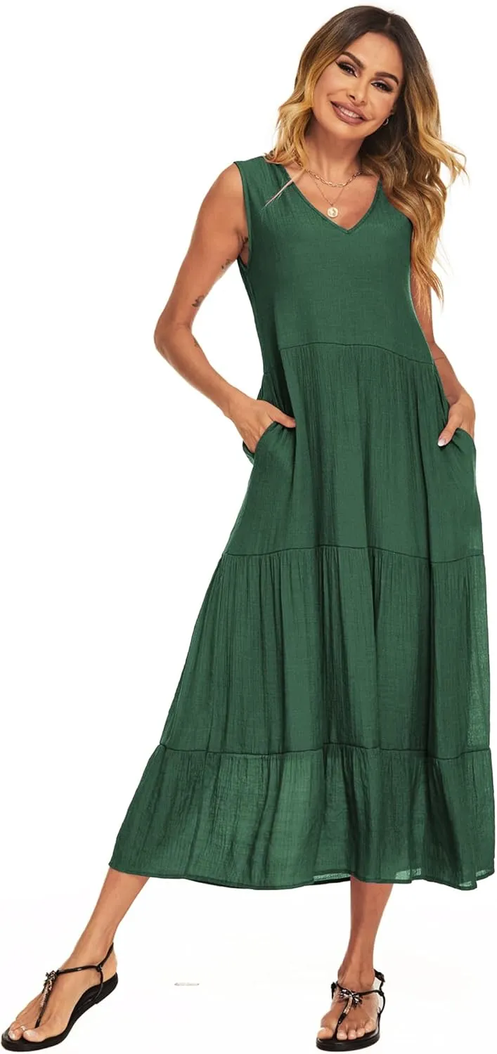 Halife Women's Summer Casual Maxi Dresses Flowy Ruffle Boho Long Dresses with Pockets