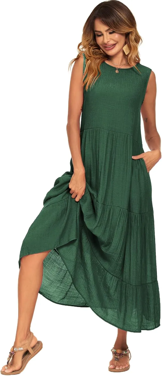 Halife Women's Summer Casual Maxi Dresses Flowy Ruffle Boho Long Dresses with Pockets