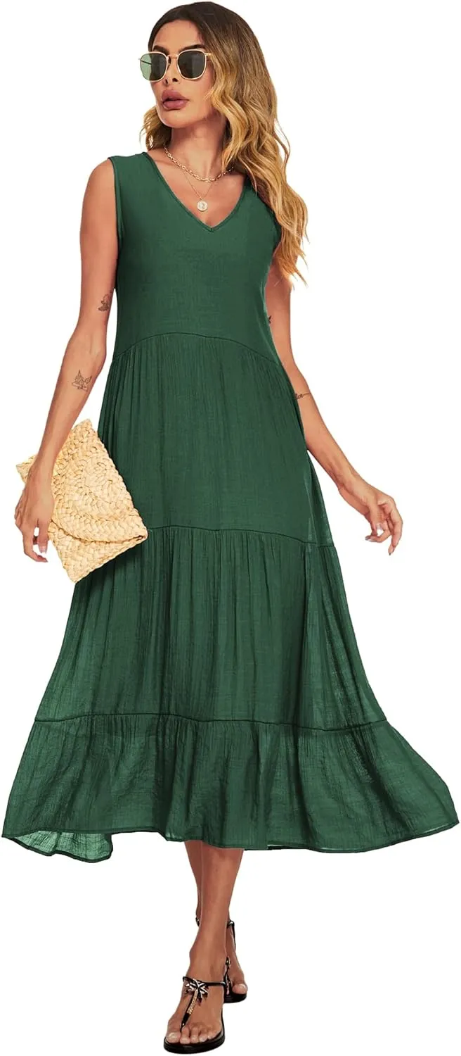 Halife Women's Summer Casual Maxi Dresses Flowy Ruffle Boho Long Dresses with Pockets