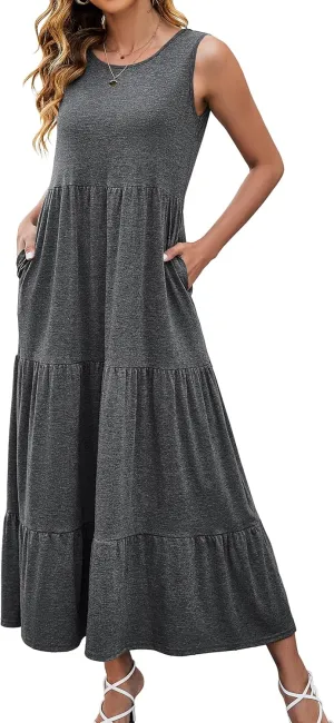Halife Women's Summer Casual Sleeveless Swing Sundress Boho Flowy Ruffle Tiered Maxi Dress with Pockets