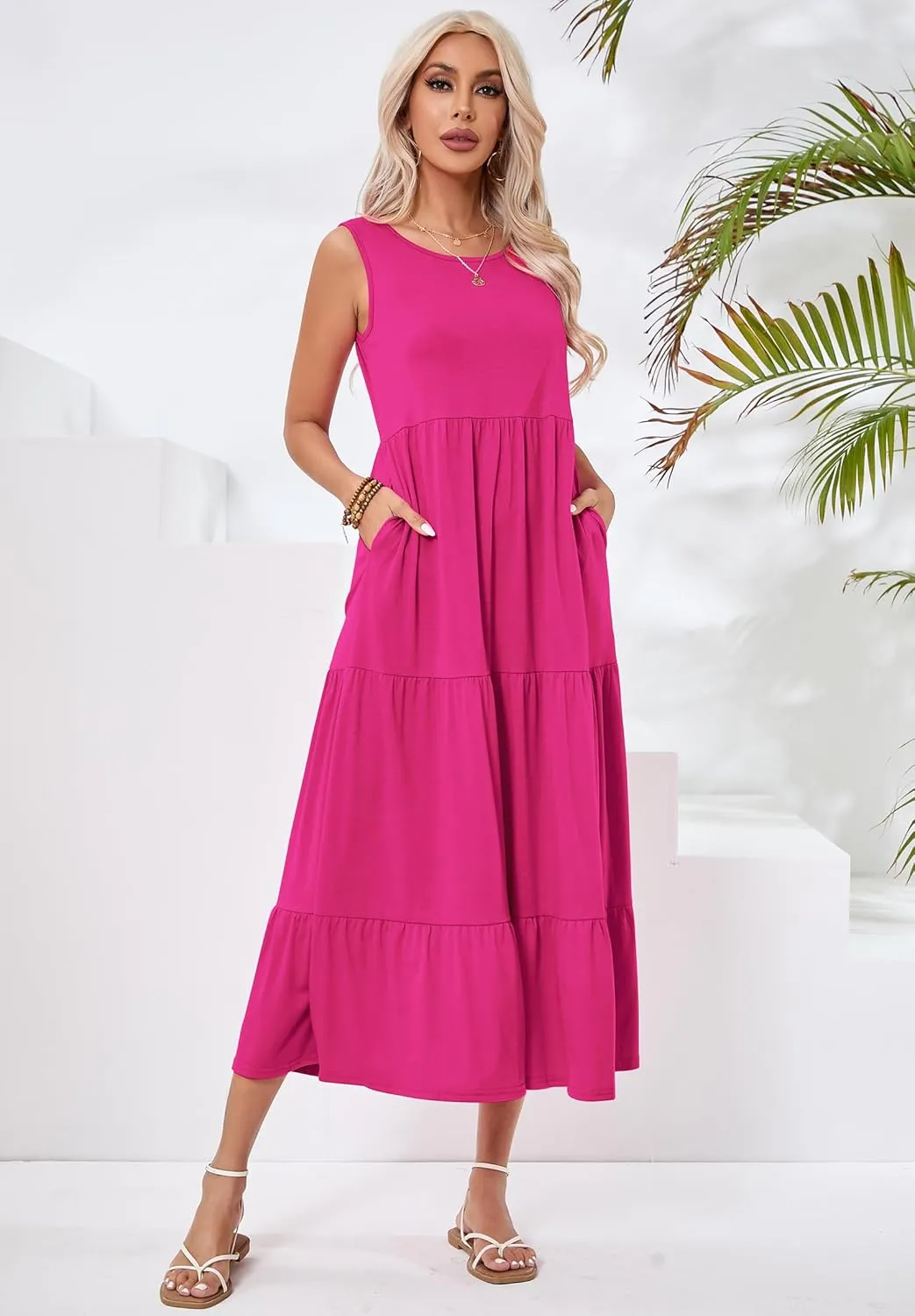 Halife Women's Summer Casual Sleeveless Swing Sundress Boho Flowy Ruffle Tiered Maxi Dress with Pockets