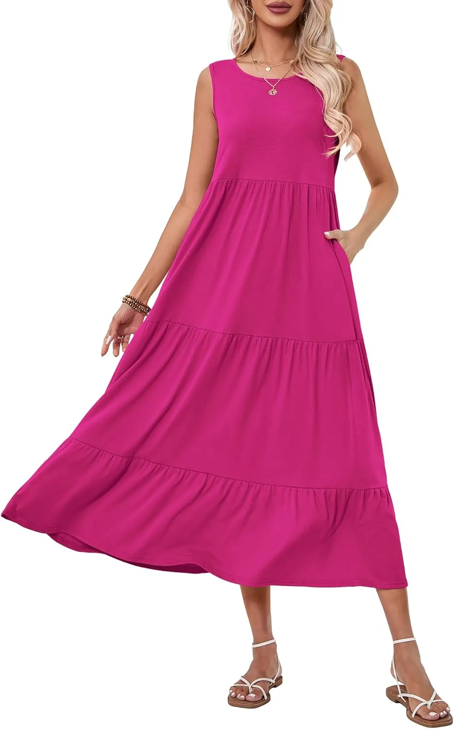 Halife Women's Summer Casual Sleeveless Swing Sundress Boho Flowy Ruffle Tiered Maxi Dress with Pockets