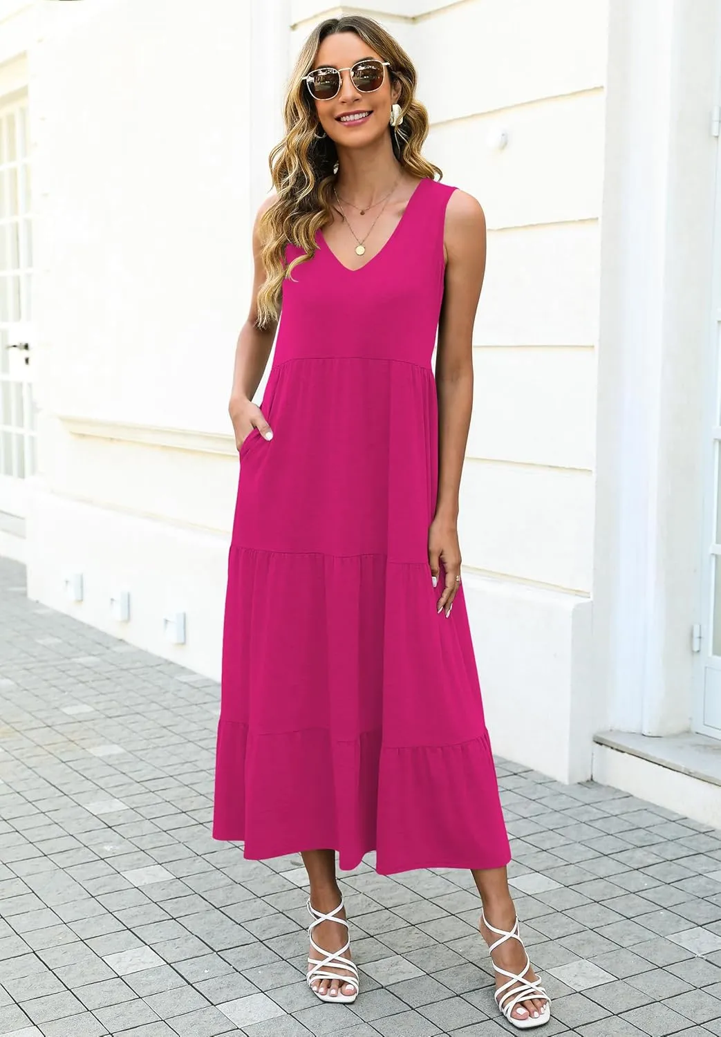 Halife Women's Summer Casual Sleeveless Swing Sundress Boho Flowy Ruffle Tiered Maxi Dress with Pockets