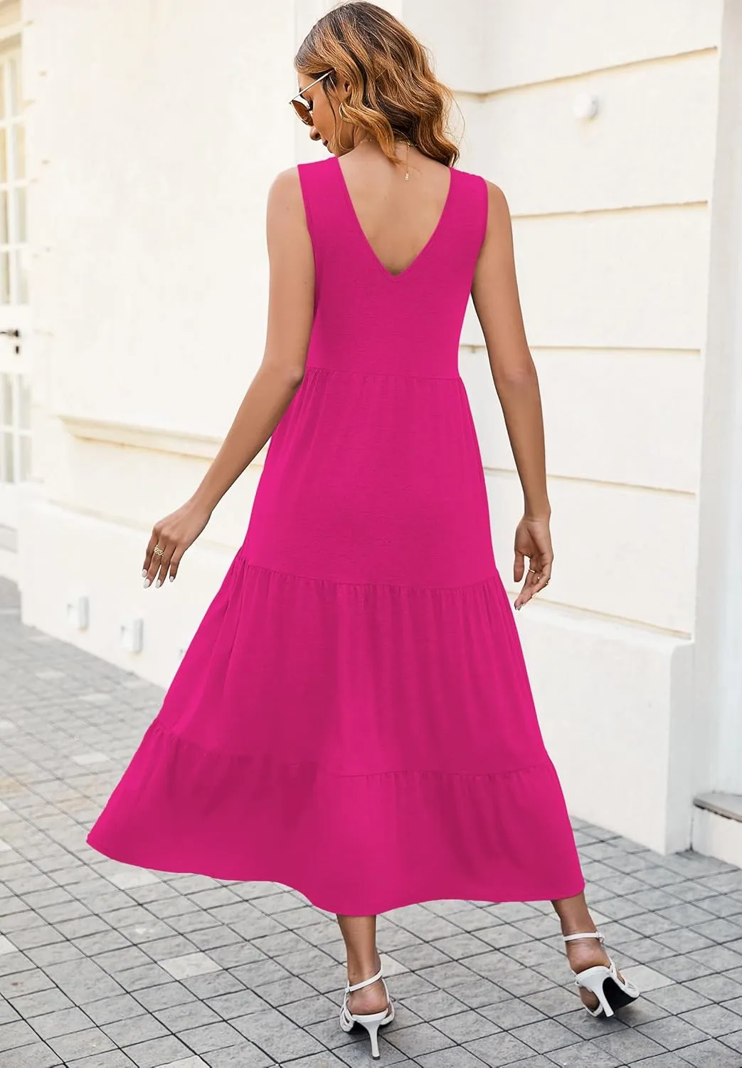 Halife Women's Summer Casual Sleeveless Swing Sundress Boho Flowy Ruffle Tiered Maxi Dress with Pockets