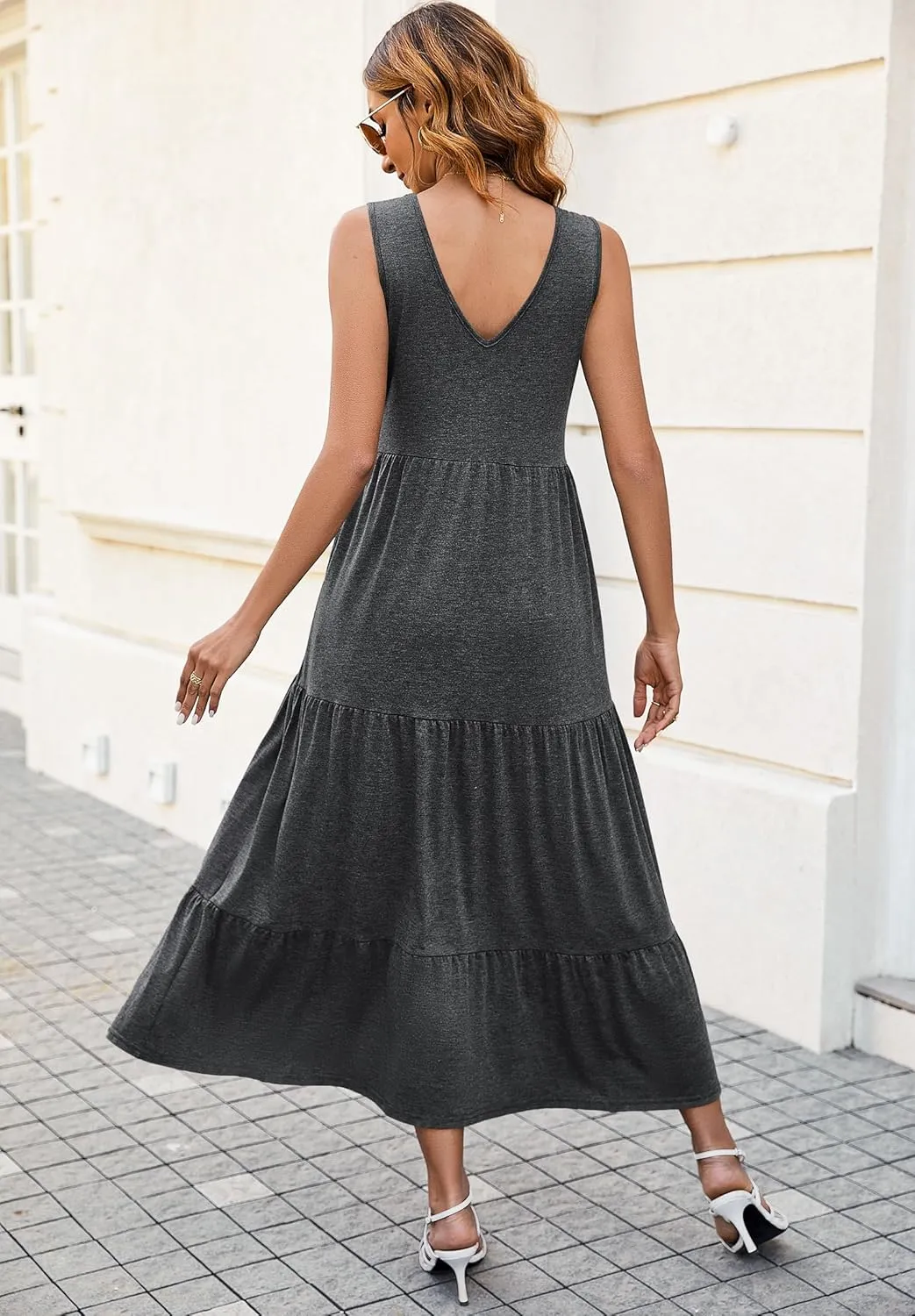 Halife Women's Summer Casual Sleeveless Swing Sundress Boho Flowy Ruffle Tiered Maxi Dress with Pockets
