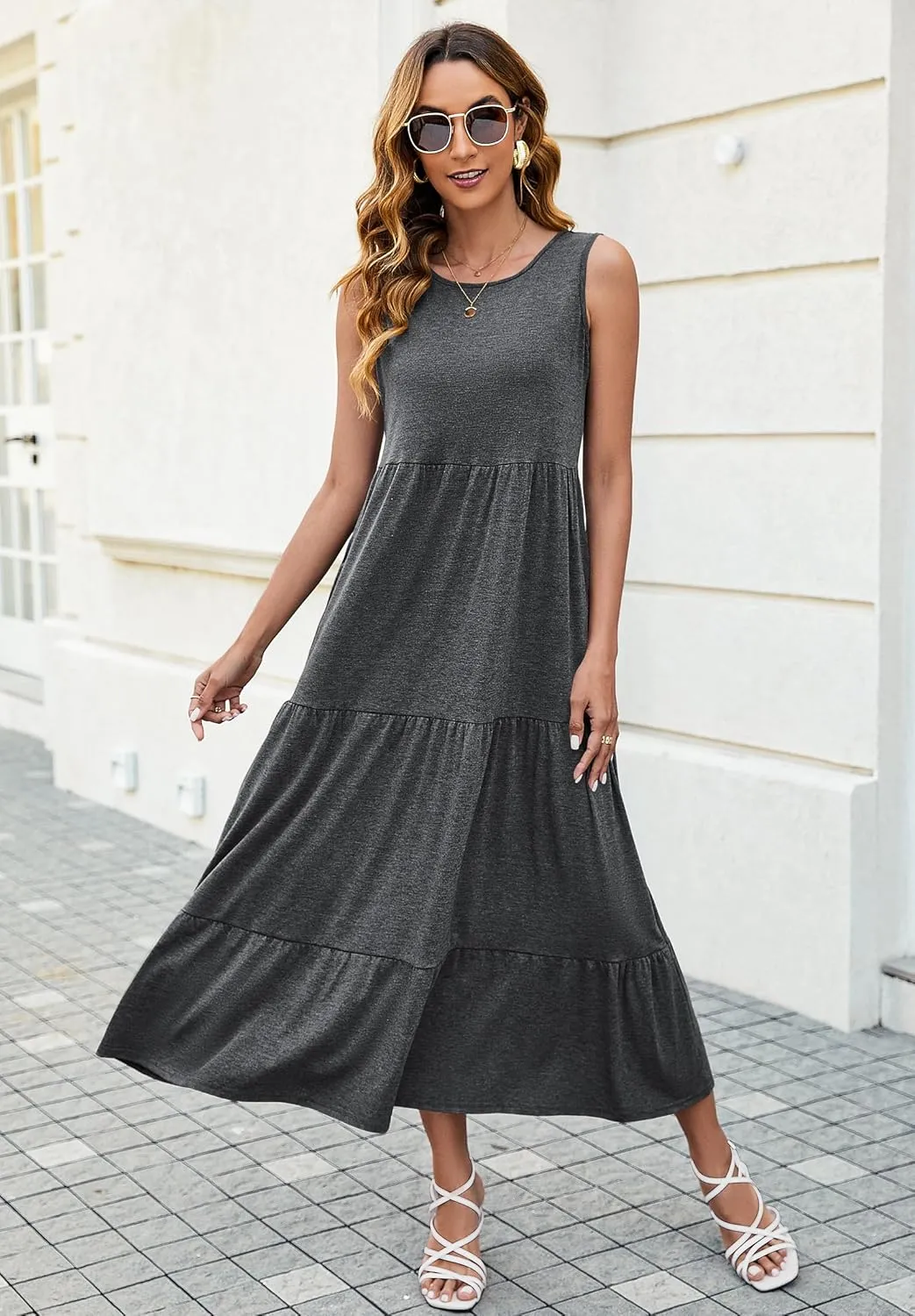 Halife Women's Summer Casual Sleeveless Swing Sundress Boho Flowy Ruffle Tiered Maxi Dress with Pockets