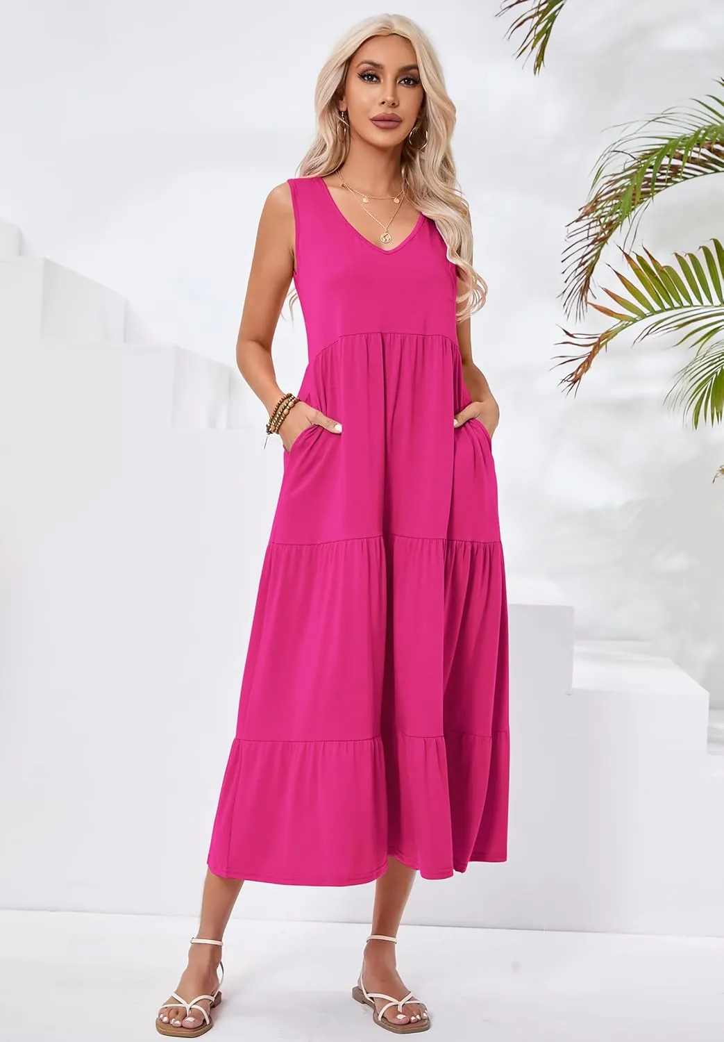 Halife Women's Summer Casual Sleeveless Swing Sundress Boho Flowy Ruffle Tiered Maxi Dress with Pockets