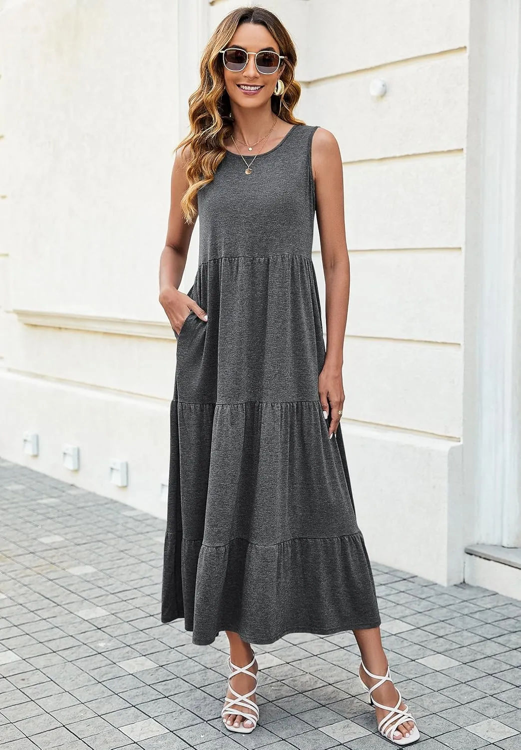 Halife Women's Summer Casual Sleeveless Swing Sundress Boho Flowy Ruffle Tiered Maxi Dress with Pockets