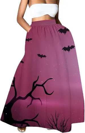 Halloween Tutu for Women High Waist Party Beach Pocket Long Maxi Skirt Halloween Party Hippie Clothes for Women