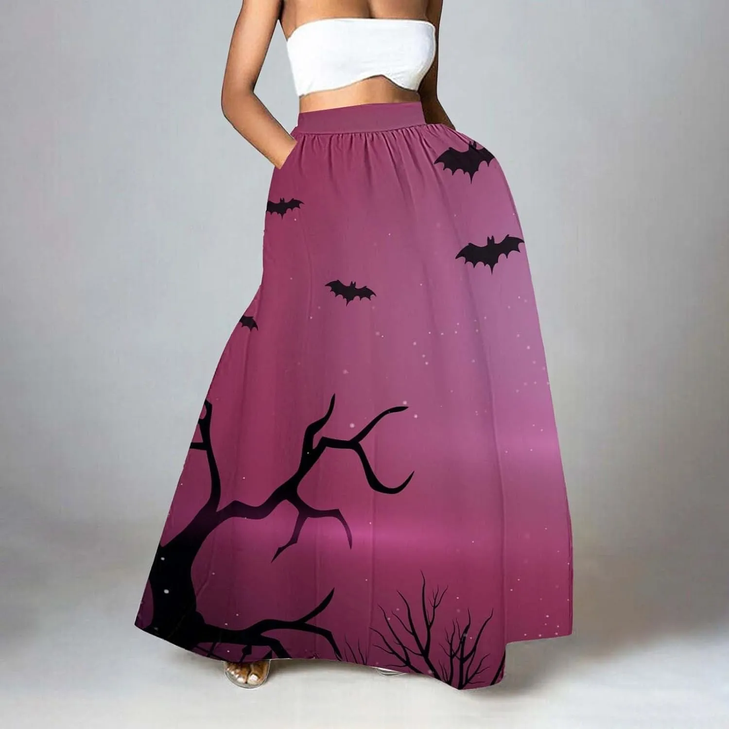 Halloween Tutu for Women High Waist Party Beach Pocket Long Maxi Skirt Halloween Party Hippie Clothes for Women