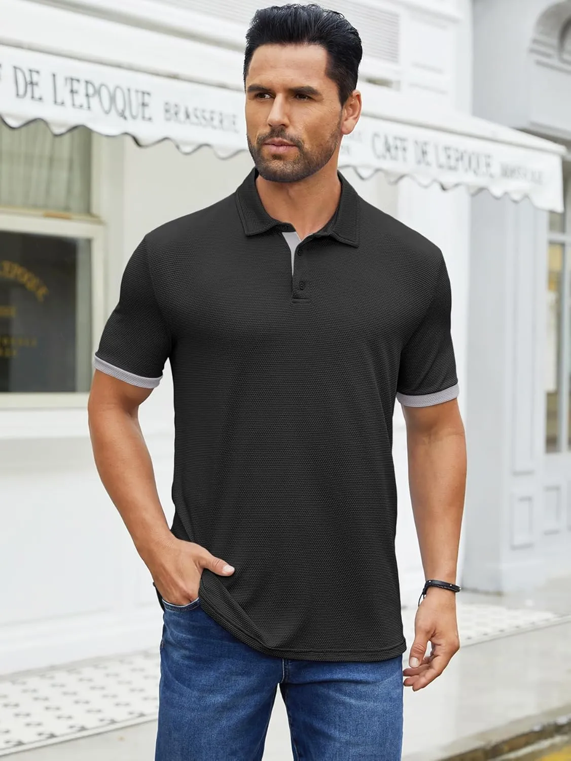 Hardaddy Men's Color Block Short Sleeve Polo Shirts Dry Fit Wrinkle Free Casual Lightweight Collared T-Shirts