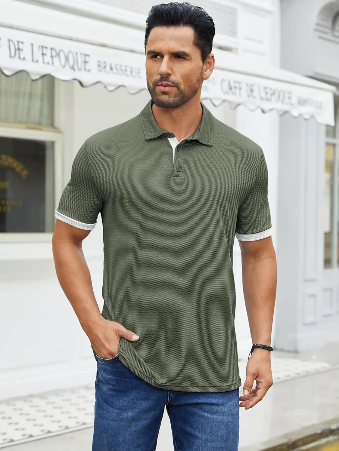 Hardaddy Men's Color Block Short Sleeve Polo Shirts Dry Fit Wrinkle Free Casual Lightweight Collared T-Shirts