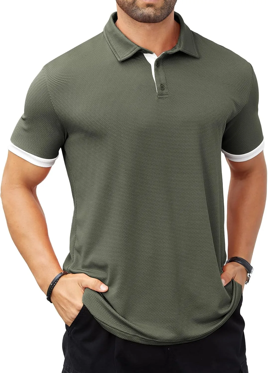 Hardaddy Men's Color Block Short Sleeve Polo Shirts Dry Fit Wrinkle Free Casual Lightweight Collared T-Shirts