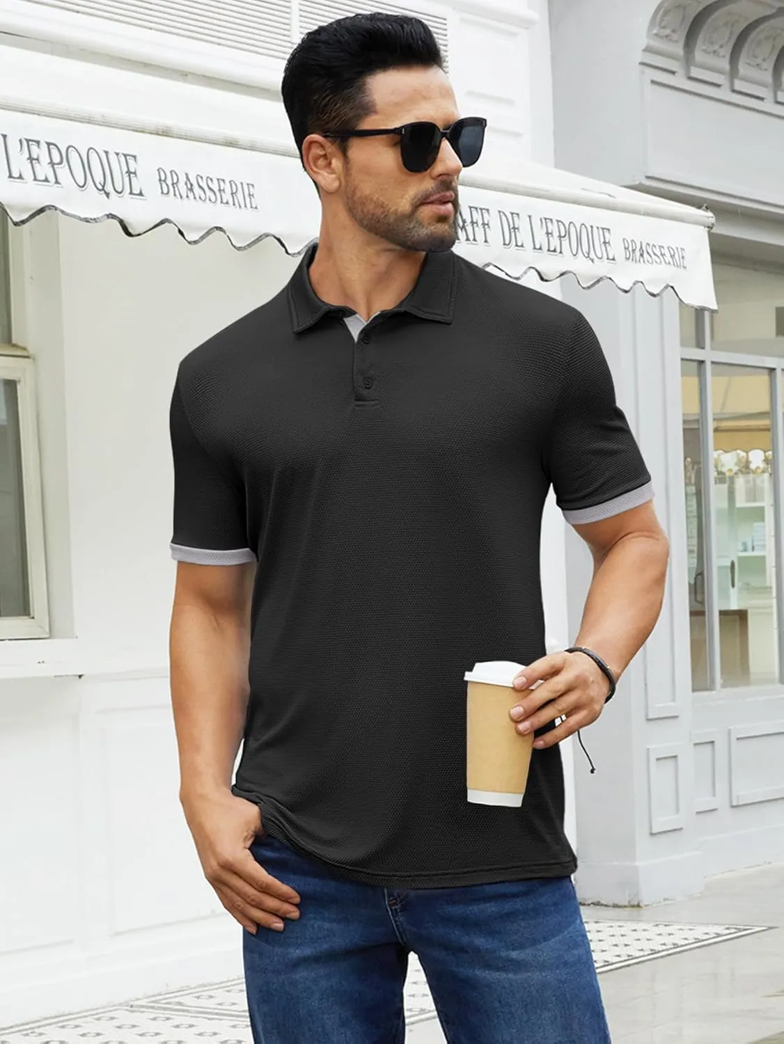 Hardaddy Men's Color Block Short Sleeve Polo Shirts Dry Fit Wrinkle Free Casual Lightweight Collared T-Shirts
