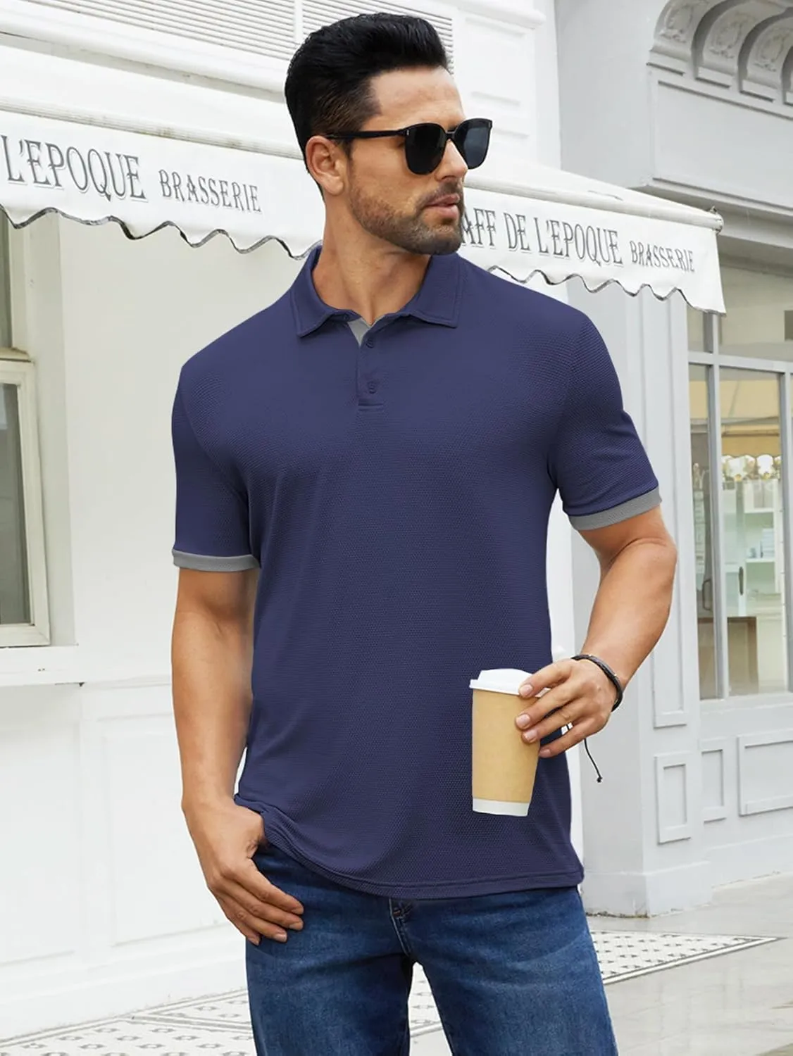 Hardaddy Men's Color Block Short Sleeve Polo Shirts Dry Fit Wrinkle Free Casual Lightweight Collared T-Shirts