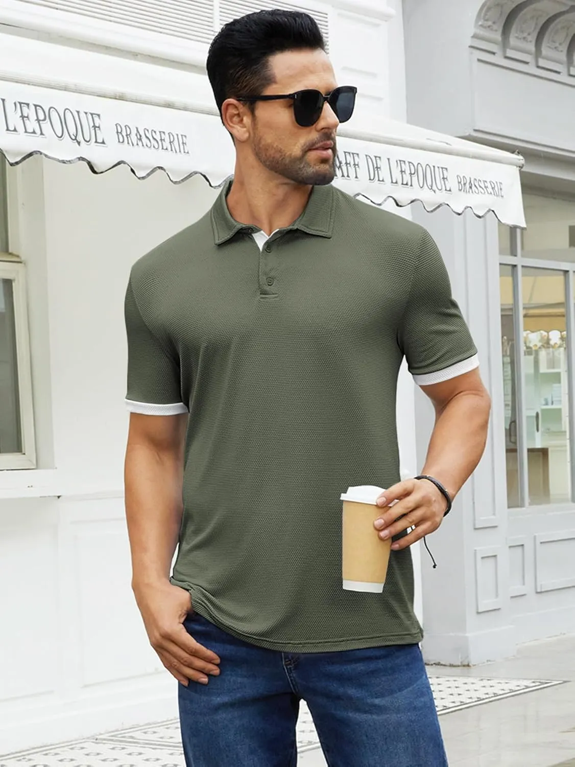 Hardaddy Men's Color Block Short Sleeve Polo Shirts Dry Fit Wrinkle Free Casual Lightweight Collared T-Shirts
