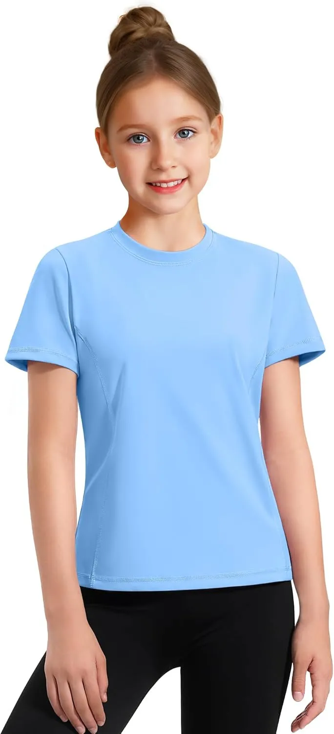 HASMES Girls Athletic Shirts Short Sleeve Active T-Shirts,Basic Tee Tops,Sports Activewear for Kids Teens
