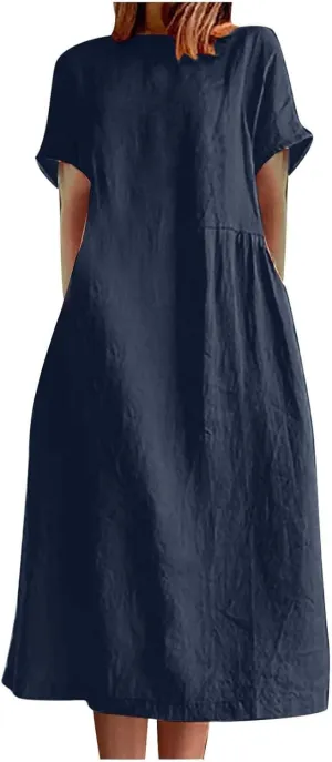 Hawaiian Dresses for Women Summer Casual Trendy Short Sleeve Crew Neck Solid Color Vacation Linen Dress, M-4XL