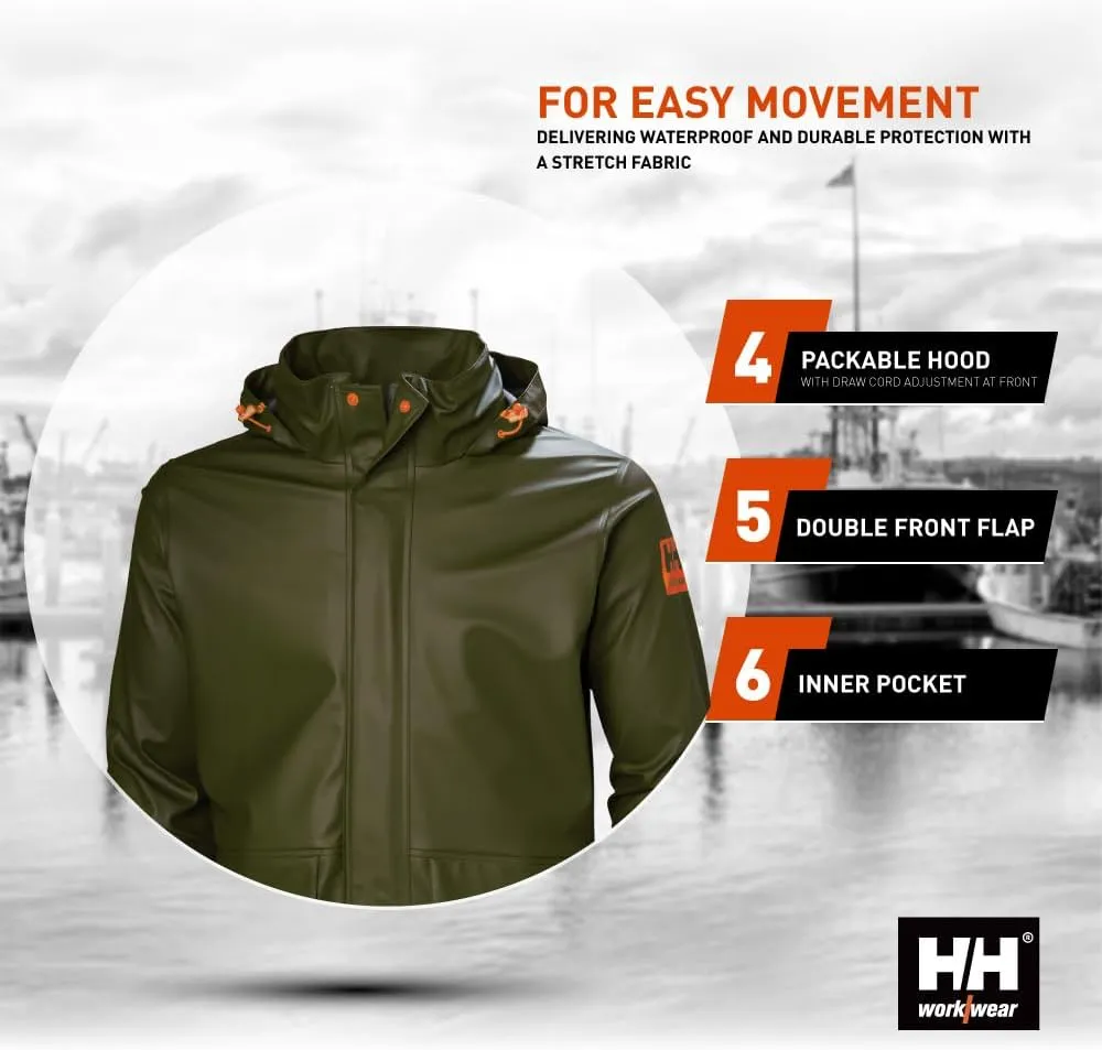 Helly-Hansen Workwear Gale Mens Rain Jackets Waterproof With Hood Made from Heavy-Duty Polyurethane on Polyester Knit
