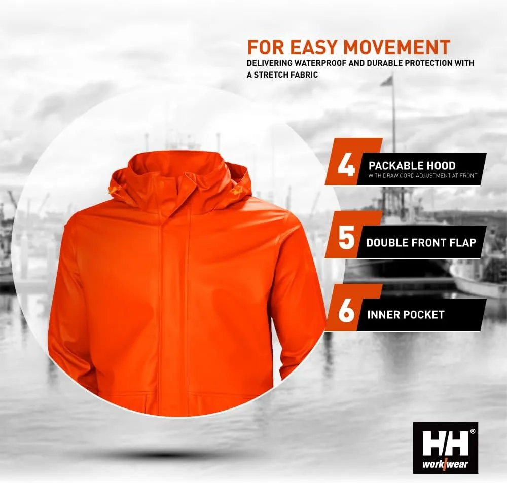 Helly-Hansen Workwear Gale Mens Rain Jackets Waterproof With Hood Made from Heavy-Duty Polyurethane on Polyester Knit