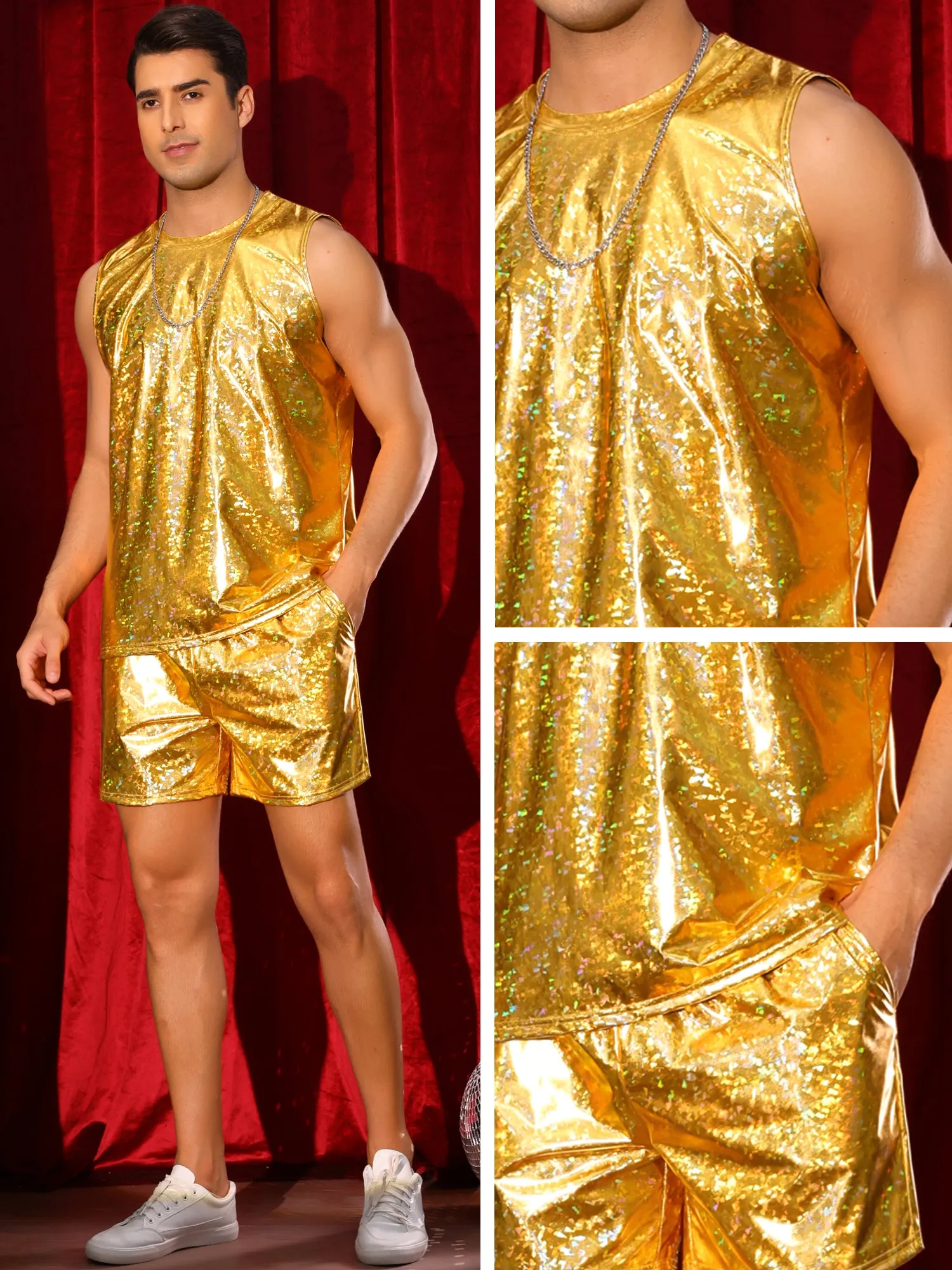 Holographic Tank Top and Shorts Set for Men's Party Disco Metallic 2 Pieces Outfits