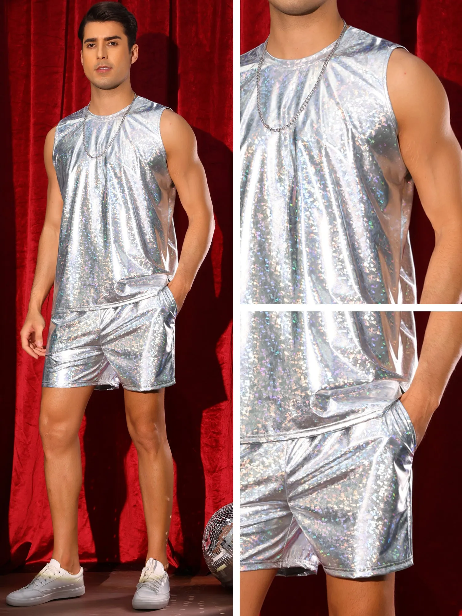 Holographic Tank Top and Shorts Set for Men's Party Disco Metallic 2 Pieces Outfits