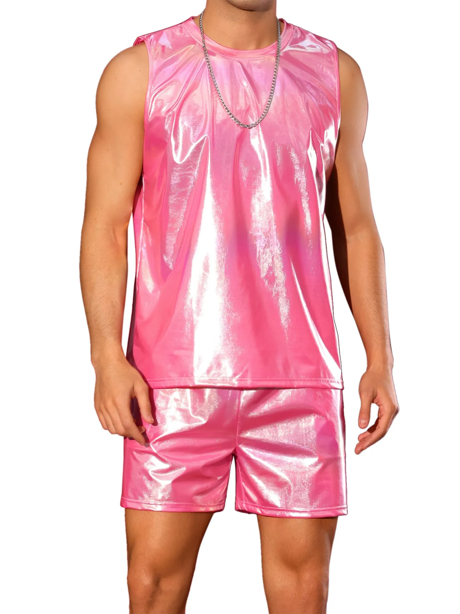 Holographic Tank Top and Shorts Set for Men's Party Disco Metallic 2 Pieces Outfits