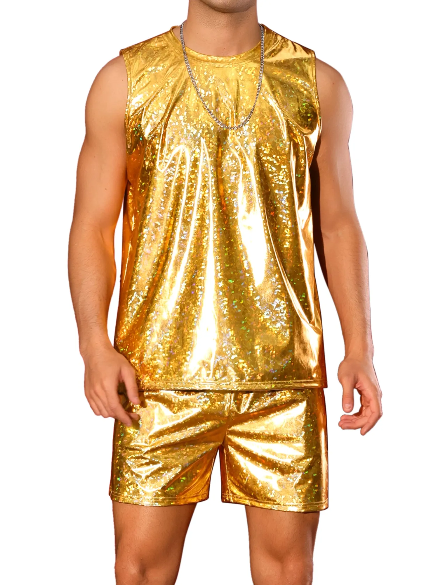 Holographic Tank Top and Shorts Set for Men's Party Disco Metallic 2 Pieces Outfits