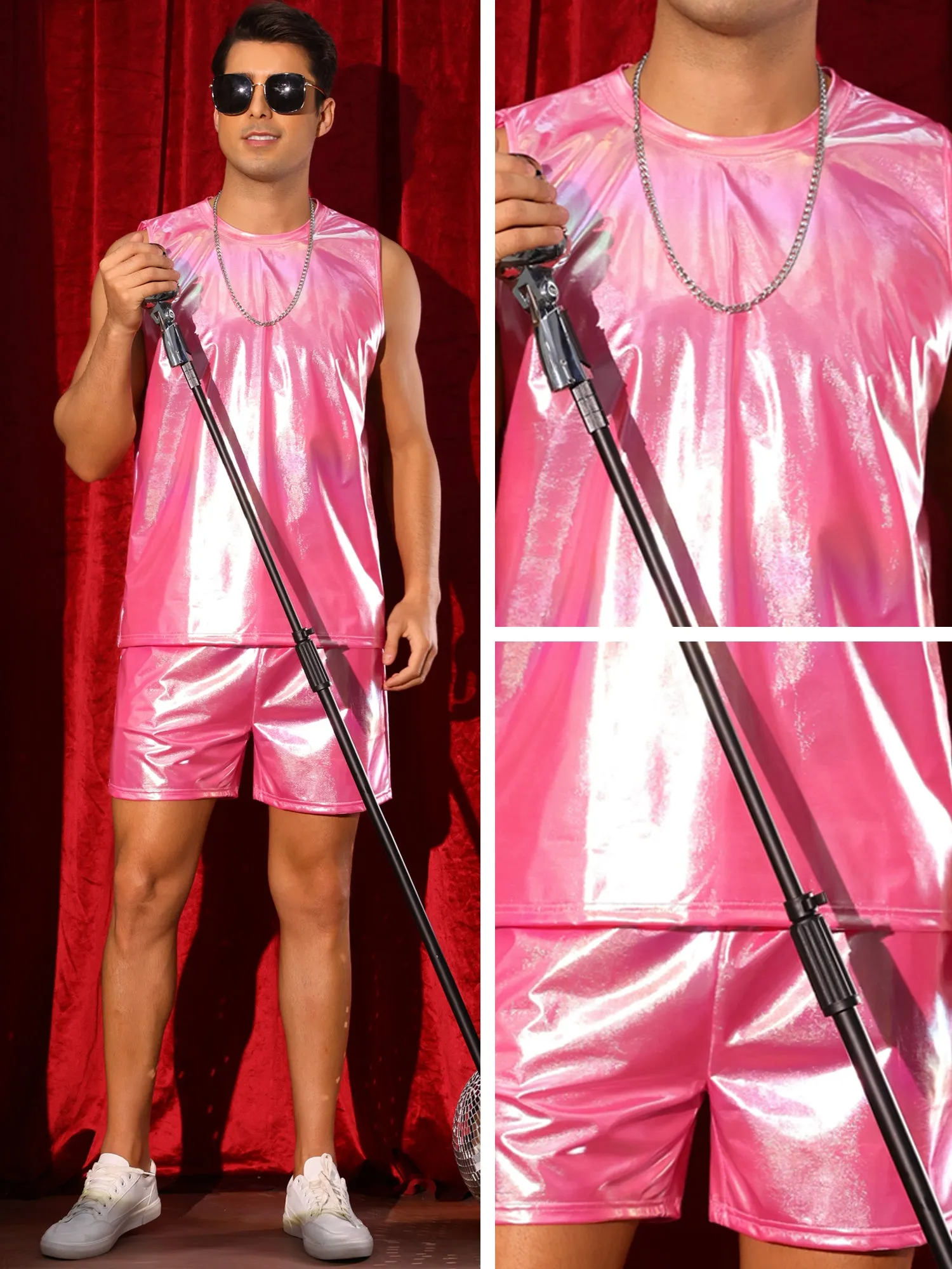 Holographic Tank Top and Shorts Set for Men's Party Disco Metallic 2 Pieces Outfits