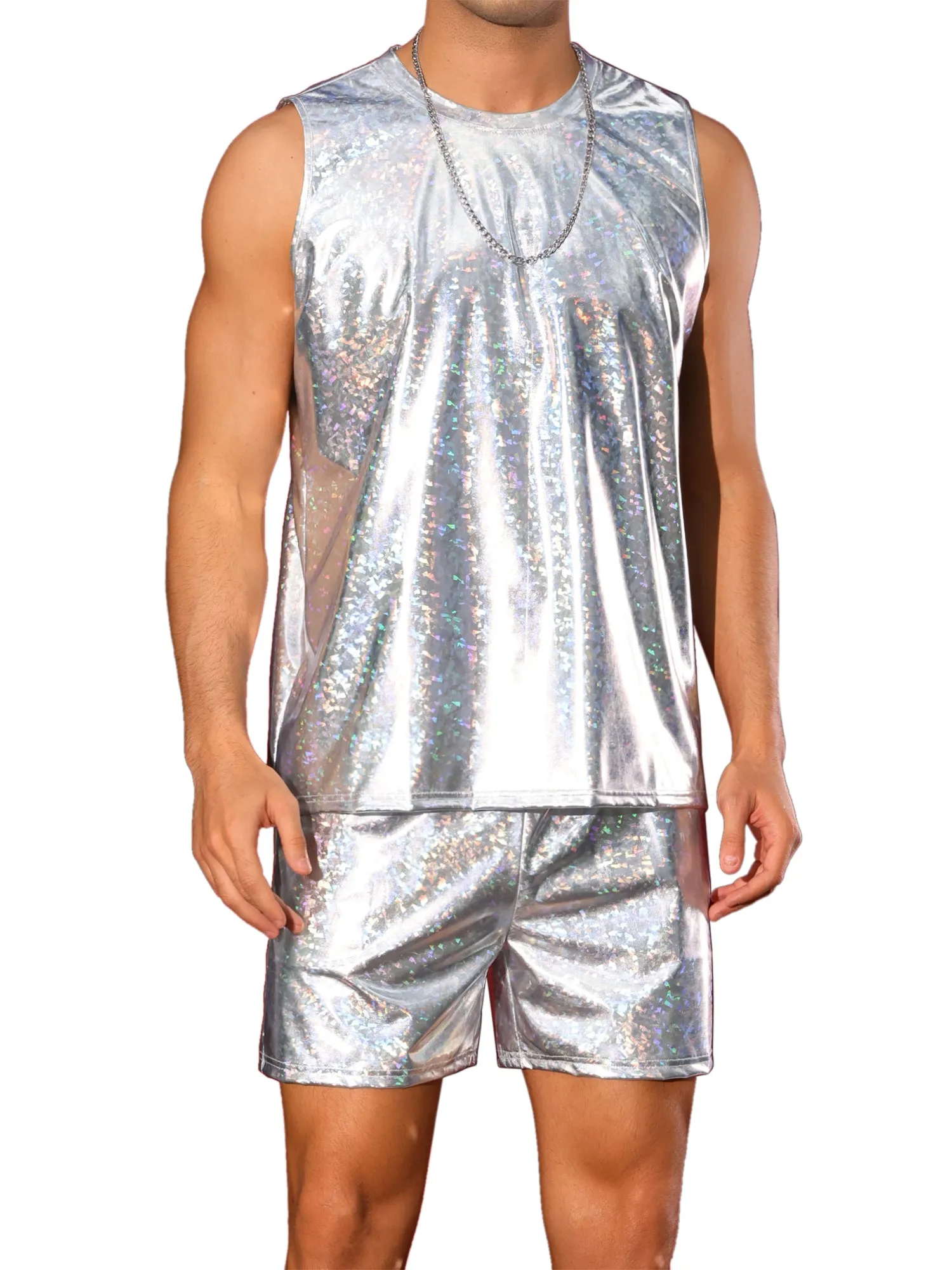 Holographic Tank Top and Shorts Set for Men's Party Disco Metallic 2 Pieces Outfits