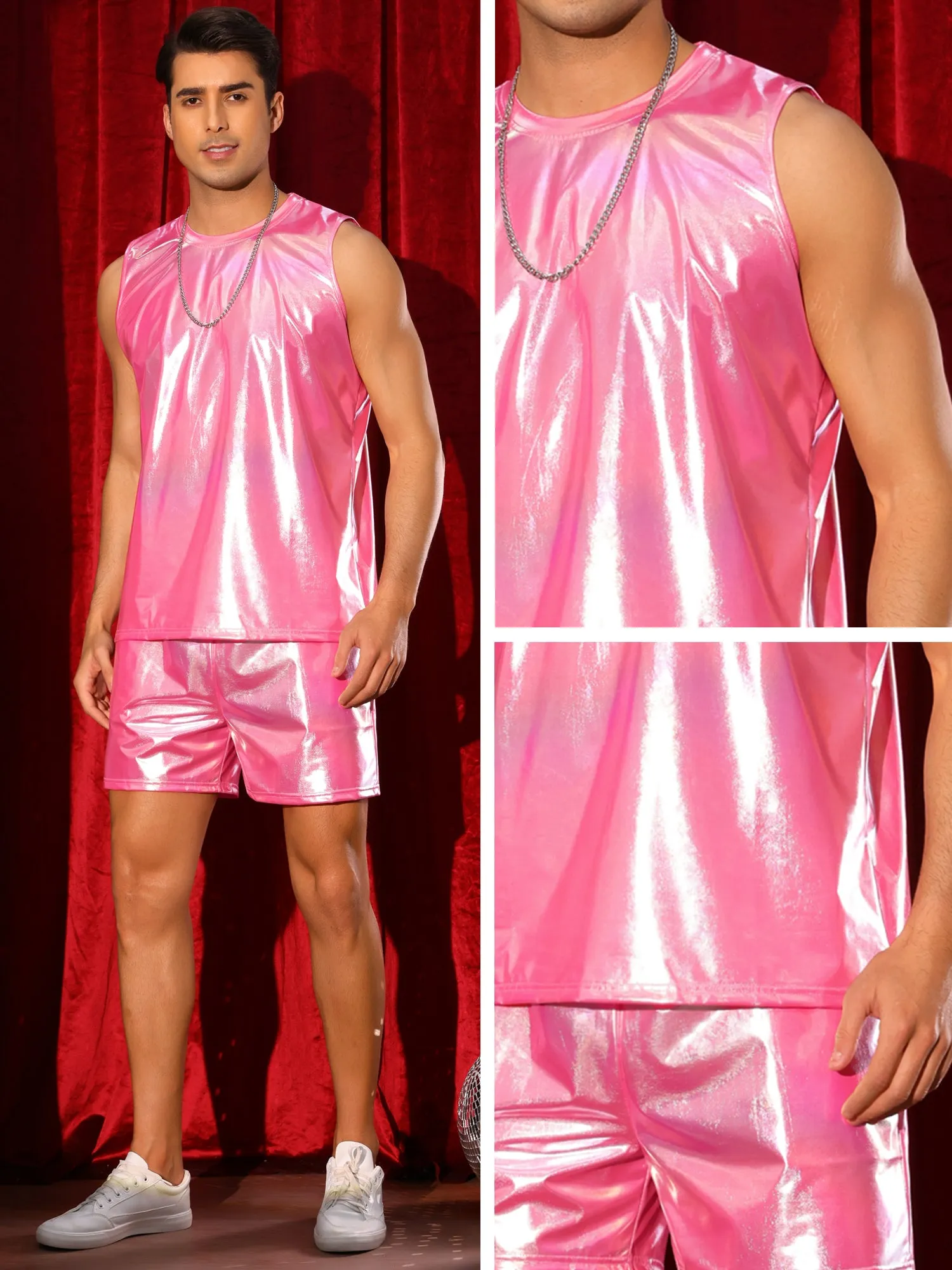 Holographic Tank Top and Shorts Set for Men's Party Disco Metallic 2 Pieces Outfits