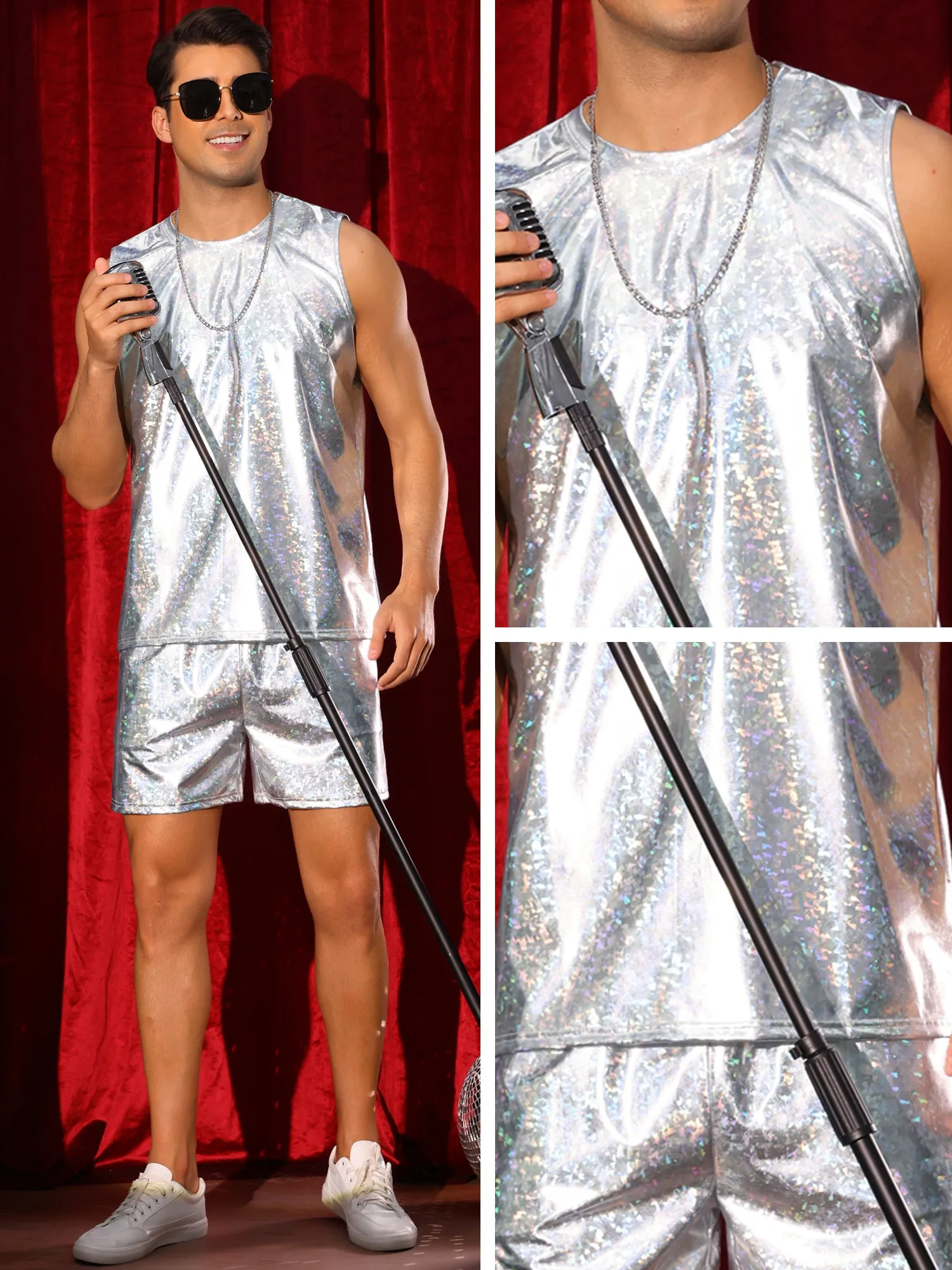 Holographic Tank Top and Shorts Set for Men's Party Disco Metallic 2 Pieces Outfits