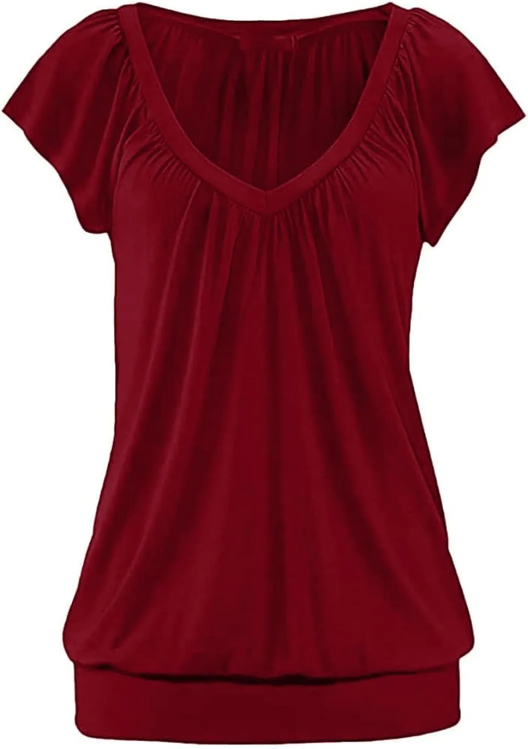 Hongqizo Womens V Neck T Shirts Cap Sleeve Summer Casual Shirts Banded-Bottom Loose Fit Basic Tops