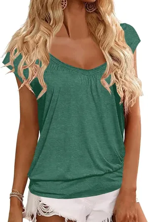 Hongqizo Womens V Neck T Shirts Cap Sleeve Summer Casual Shirts Banded-Bottom Loose Fit Basic Tops