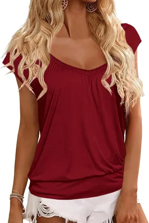 Hongqizo Womens V Neck T Shirts Cap Sleeve Summer Casual Shirts Banded-Bottom Loose Fit Basic Tops