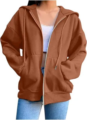Hoodies for Women Vintage Zipper Oversized Hoodies Long Sleeve Full Zip Jackets Soft Outdoor Sweatshirt Fall Outfits