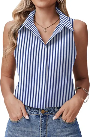 HOTOUCH Women's Sleeveless Button Down Shirts Hidden-Button Front Collared Dressy Casual Blouses Loose Office Tank Tops