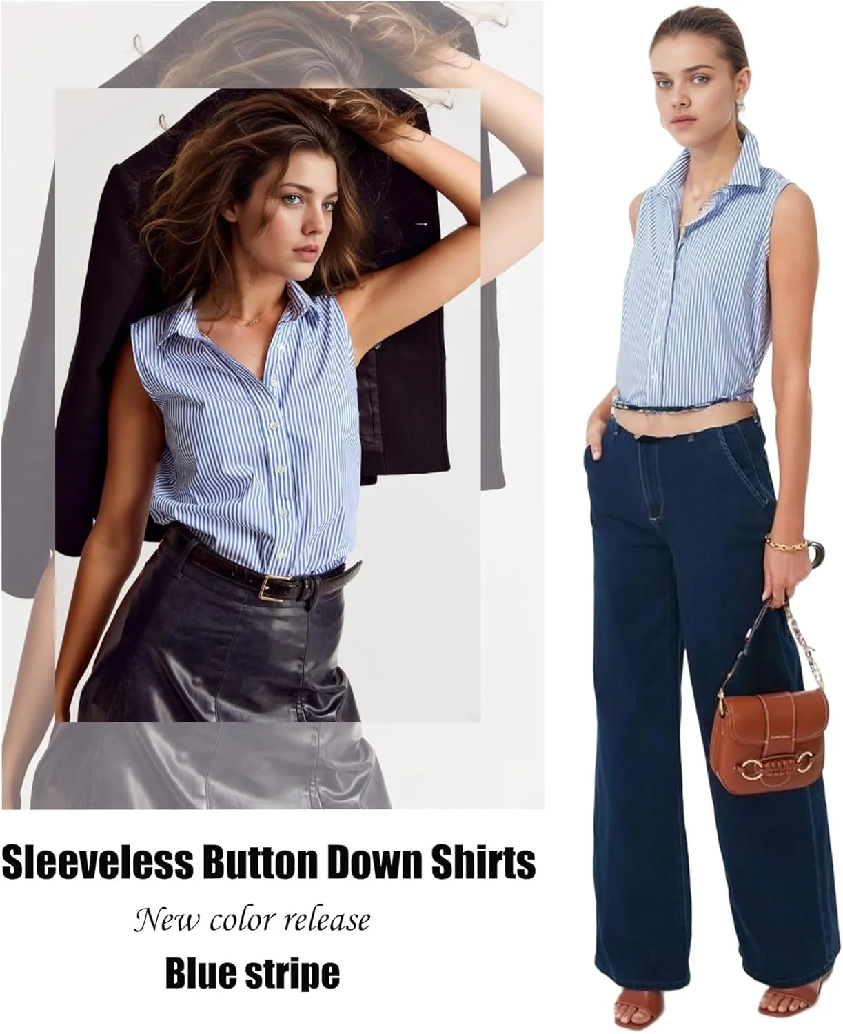 HOTOUCH Women's Sleeveless Button Down Shirts Hidden-Button Front Collared Dressy Casual Blouses Loose Office Tank Tops