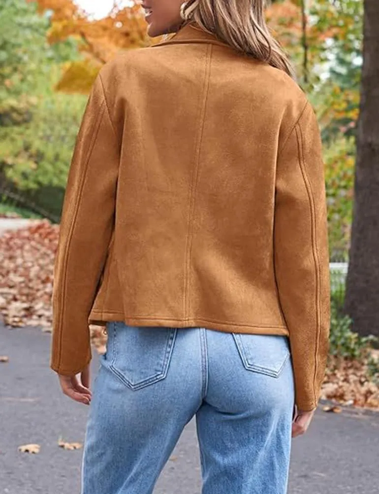 IDEALSANXUN Cropped Suede Jacket Women Fall Winter Casual Coats Zip Up Faux Leather Bomber Moto Jackets
