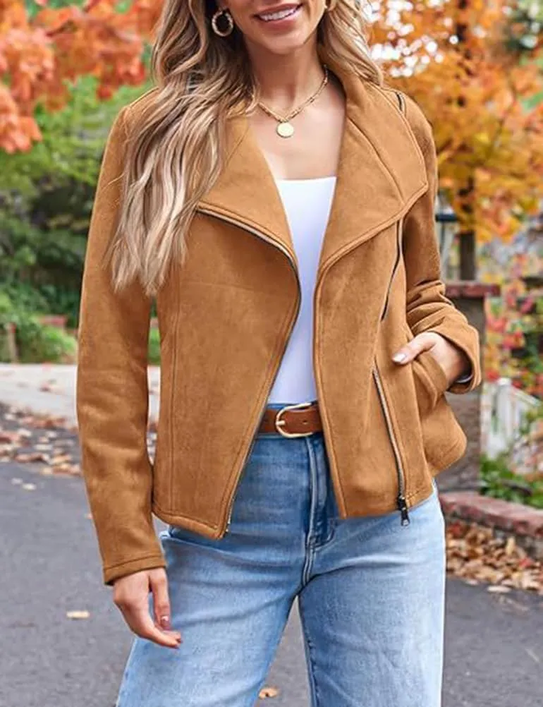 IDEALSANXUN Cropped Suede Jacket Women Fall Winter Casual Coats Zip Up Faux Leather Bomber Moto Jackets