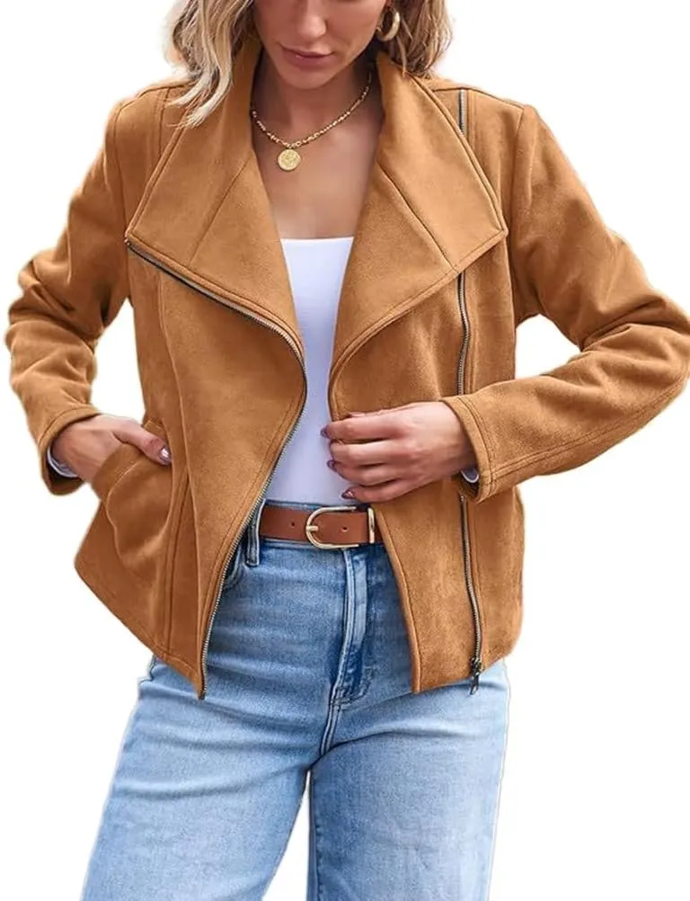 IDEALSANXUN Cropped Suede Jacket Women Fall Winter Casual Coats Zip Up Faux Leather Bomber Moto Jackets