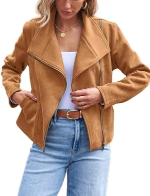IDEALSANXUN Cropped Suede Jacket Women Fall Winter Casual Coats Zip Up Faux Leather Bomber Moto Jackets