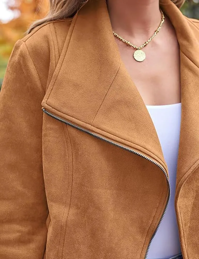 IDEALSANXUN Cropped Suede Jacket Women Fall Winter Casual Coats Zip Up Faux Leather Bomber Moto Jackets