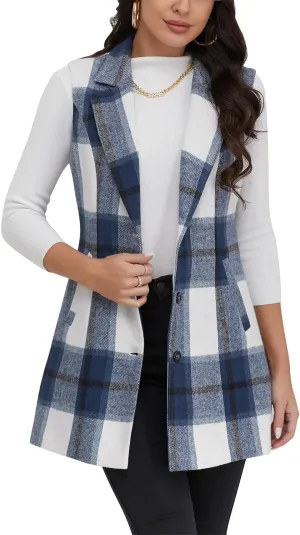 IDEALSANXUN Plaid Vest for Women Fall Winter Sleeveless Blazer Jackets